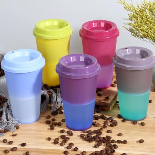 Color Changing Cups, 5 Pack 24oz Plastic Tumblers, Reusable Iced Coffee & Smoothie Cups with Lids and Straws for Parties and Travel (coffee,12 Pack, 12 Pack)