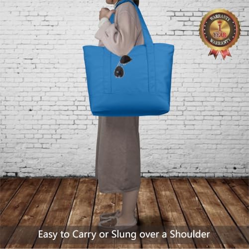 TOPDesign 3-Pack Canvas Tote Bags with an External Pocket, Reusable Grocery Shopping Bags, Top Zipper Closure, Daily Essentials (Ocean Blue)