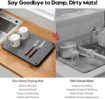 Razborci Stone Dish Drying Mat for Kitchen Counter, Water Absorbing Bathroom Tray Sink Organizer, Diatomaceous Earth Countertop Dish Rack Riser Sponge Holder Soap Dish, Dark Gray, 16" x 12"