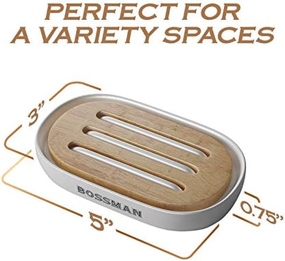 Bossman Natural Bamboo Bathroom Soap Dish w/ Premium Ceramic Base - White