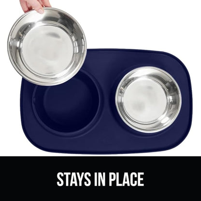GORILLA GRIP Feeding Mat Set, Patent Pending 100% Waterproof BPA Free Silicone, Stainless Steel Cat and Dog Bowls, Slip Resistant, Edges Catch Water, Food, US Designed Pet Accessories, 1 Cup Navy Blue