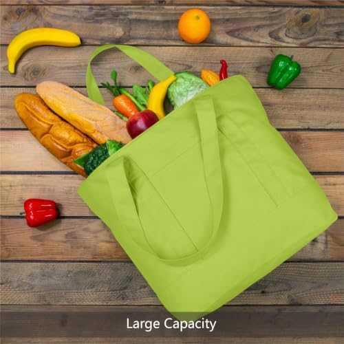 TOPDesign 1-Pack Canvas Tote Bag with an External Pocket, Reusable Grocery Shopping Bag, Top Zipper Closure, Daily Essentials (Light Green)