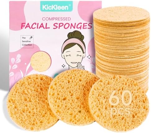 60-Count Compressed Facial Sponges|100% Natural Kickleen Cellulose Cosmetic Spa Sponges for Daily Facial Cleansing|Makeup and Mask Removal | Exfoliating | Skin Massage | Pore Exfoliation (Yellow)