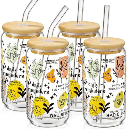 DWTS DANWEITESI Glass Cups with Lids and Straws with Design 4 pcs（Daily Reminder）,Clear Glass Cups 16 oz-Glass Tumbler,Cute Design Glass Iced Coffee Cups Mental Health Positive 480ml