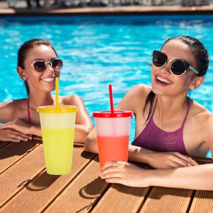 Color Changing Cups, 12 Pack 24oz Plastic Tumblers, Reusable Iced Coffee & Smoothie Cups with Lids and Straws for Parties and Travel (transparent, 12 Pack)