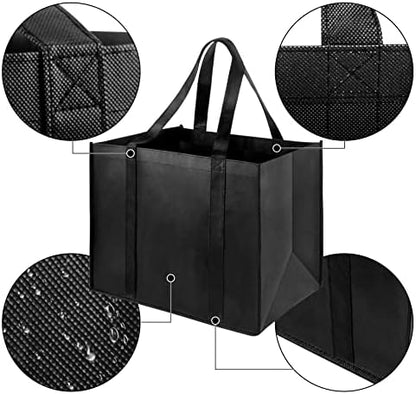 LadyRosian 10 Pack Heavy Duty Kitchen Reusable Grocery Bags, Durable XL Shopping Tote with Handle Can Hold 45+lbs, Stands Upright, Foldable & Washable (Black)