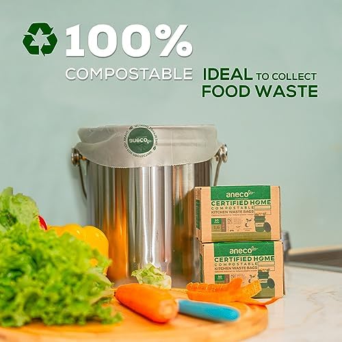 ANECO 100% Home Compostable Food Waste Bags, 1.6 Gallon, 50 Count