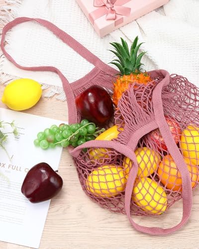 Eccliy 12Pcs Reusable Cotton Mesh Grocery Bag with Handle, Dark Pink, 10 in