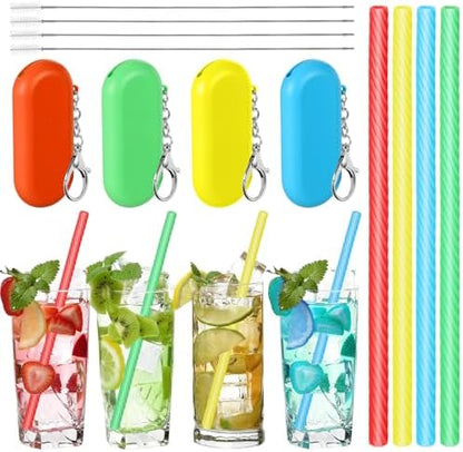 Meanplan 4 Sets Reusable Straws Travel Case Brush Silicone,Rainbow Colors