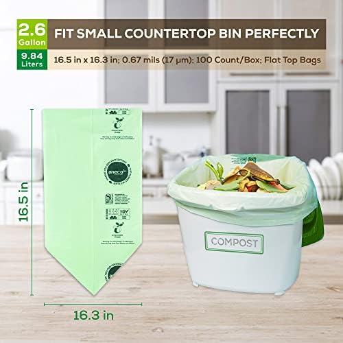 ANECO 100% Compostable Waste Bags 2.6 Gallon (Flat Top Bags, 50 Count)