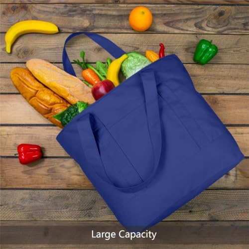TOPDesign 1-Pack Canvas Tote Bag with an External Pocket, Reusable Grocery Shopping Bag, Top Zipper Closure, Daily Essentials (Blue)