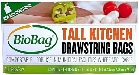 13 Gallon Compostable Drawstring Trash Bags by BioBag, 40 Count, BPI Certified, Meets ASTM D6400 Standards, Easy-Tie Kitchen Liners