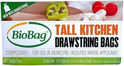 13 Gallon Compostable Drawstring Trash Bags by BioBag, 40 Count, BPI Certified, Meets ASTM D6400 Standards, Easy-Tie Kitchen Liners