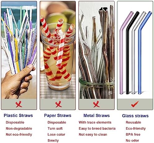 Reusable Glass Straws Bent for 16 oz Tumbler, 9 inch 8mm (Pack of 2)