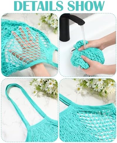 Eccliy 12Pcs Reusable Cotton Mesh Grocery Bag with Handle, Teal, 10 in