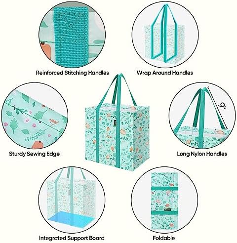 BALEINE 8 PK Grocery Bags Reusable Shopping Bags with Reinforced Bottom, Heavy Duty Foldable Tote Bags (Spring Stroll)