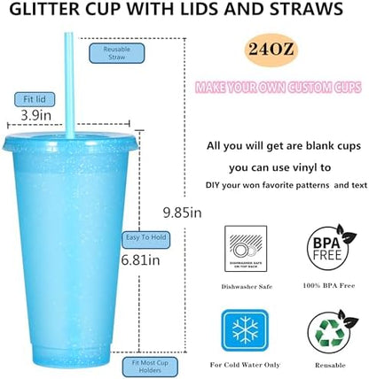 Suertestarry Tumbler with Straw and Lid,Water Bottle Iced Coffee Travel Mug Cup,Reusable Plastic Cups,Perfect for Parties,Birthdays,24oz-10 Pack (Sparkling, 10 pack)