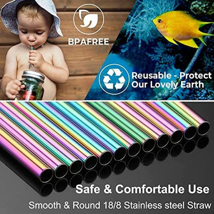 Vinaco 6 Pack 0.4" Wide Bore Reusable Stainless Steel Smoothie Straws