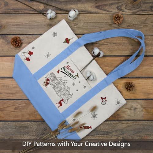 TOPDesign 6-Pack Canvas Tote Bags with an External Pocket, Reusable Grocery Shopping Bags, Top Zipper Closure, Daily Essentials (Light Blue/Natural)