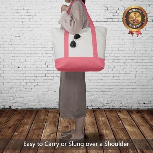 TOPDesign 3-Pack Canvas Tote Bags with an External Pocket, Reusable Grocery Shopping Bags, Top Zipper Closure, Daily Essentials (Rose Pink/Natural)