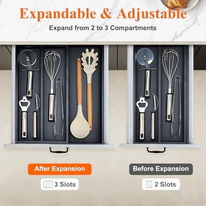 Expandable Black Bamboo Kitchen Utensils Drawer Organizer Silverware Tray