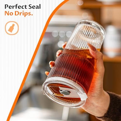 20oz Iced Coffee Cups with Lids, Glass Coffee Cups with Lids and Straws, 4P