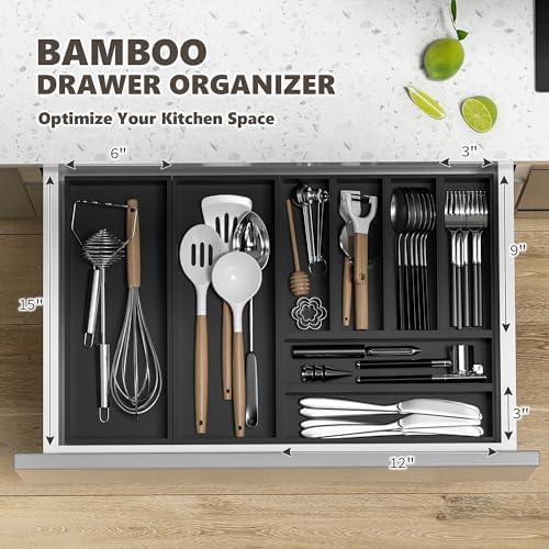Bamboo Kitchen Drawer Organizer, 2-Pack, 17" x 6" x 2.5", Black