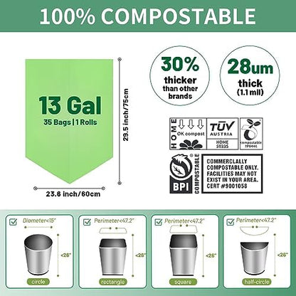 13 Gallon Trash Bags Compostable Compost Large Garbage Bag Extra Thick 1.1 Mil for Kitchen Bathroom BPI Certified 35 Counts, Green
