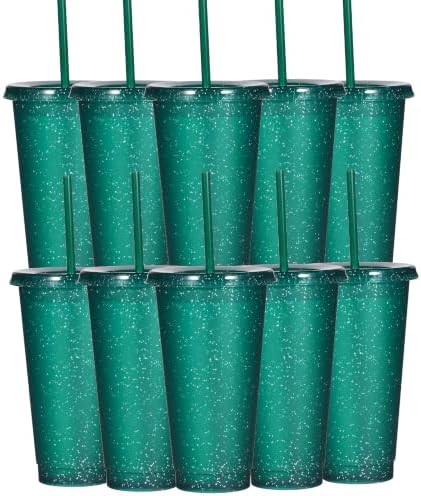 Suertestarry Tumbler with Straw and Lid,Water Bottle Iced Coffee Travel Mug Cup,Reusable Plastic Cups,Perfect for Parties,Birthdays,24oz-5 Pack (Dark Green, 10 pack)