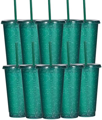 Suertestarry Tumbler with Straw and Lid,Water Bottle Iced Coffee Travel Mug Cup,Reusable Plastic Cups,Perfect for Parties,Birthdays,24oz-5 Pack (Dark Green, 10 pack)