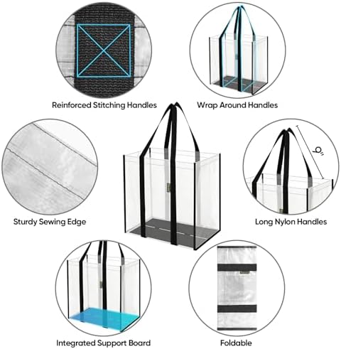 BALEINE 4 PK Grocery Bags Reusable Shopping Bags with Reinforced Bottom, Heavy Duty Foldable Tote Bags (Transparent)