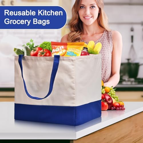 Canvas Reusable Grocery Bags Heavy Duty, 8.3 gal Foldable Large Tote Bag with Handles, Holds 60 lbs Canvas Shopping Bags, 1 Pack