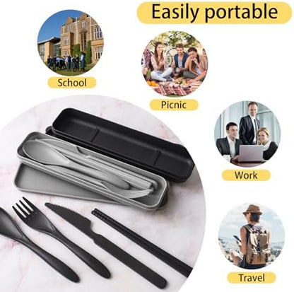 2 Sets Plastic Reusable Utensils Set with Case, Travel Chopsticks Fork Spoon Knife Set for Lunch Box, Portable Cutlery Sets for Travel Camping Daily Use (Black, Grey)