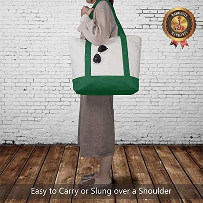TOPDesign 30-Pack Canvas Tote Bags with an External Pocket, Reusable Grocery Shopping Bags, Top Zipper Closure, Daily Essentials (Green/Natural)