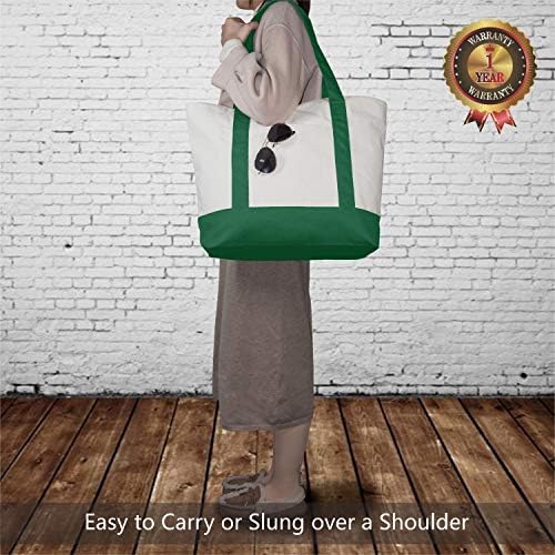 TOPDesign 1-Pack Canvas Tote Bag with an External Pocket, Reusable Grocery Shopping Bag, Top Zipper Closure, Daily Essentials (Green/Natural)