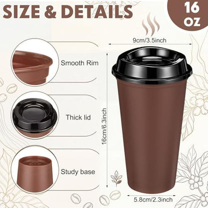 Honeydak 45 Pack 16 oz Reusable Coffee Cups with Lids Water Bottle Iced Coffee Travel Mug Portable Plastic Tea Tumblers Bulk for Hot and Cold Drinks Birthdays Party (Brown,Classic)