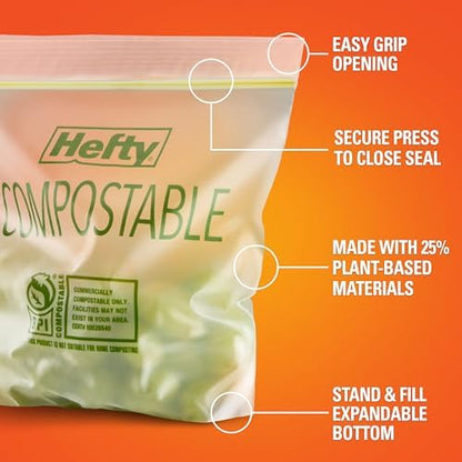 Hefty Compostable Press-To-Close Quart 40 Count (Pack of 12)