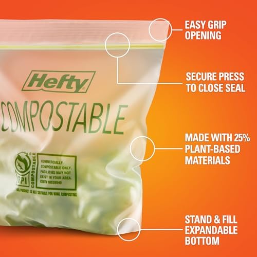 Hefty Compostable Press-To-Close Storage Bags, Quart Size, 40 Count