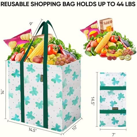 BALEINE 4 PK Grocery Bags Reusable Shopping Bags with Reinforced Bottom, Heavy Duty Foldable Tote Bags (Clover)
