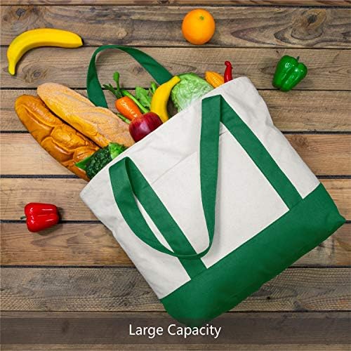 TOPDesign 30-Pack Canvas Tote Bags with an External Pocket, Reusable Grocery Shopping Bags, Top Zipper Closure, Daily Essentials (Green/Natural)