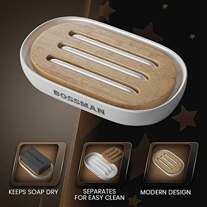 Bossman Natural Bamboo Bathroom Soap Dish w/ Premium Ceramic Base - White