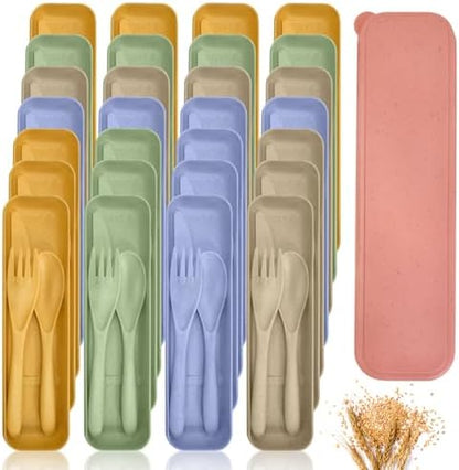 60 Sets Wheat Straw Silverware Set Bulk Wheat Straw Cutlery Lunch Box Accessories Reusable Travel Utensils Set with Case for Operation Christmas Child Items Bulk Kids Adults Camping(Light Color)