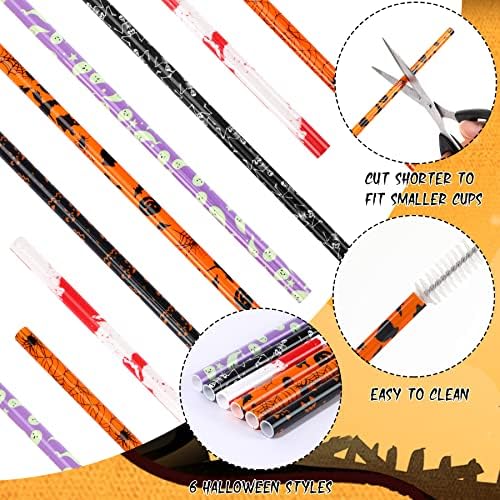 JANYUN 30 Pcs Halloween Straws 9inch Pumpkin Bat Skeleton Spider Printing