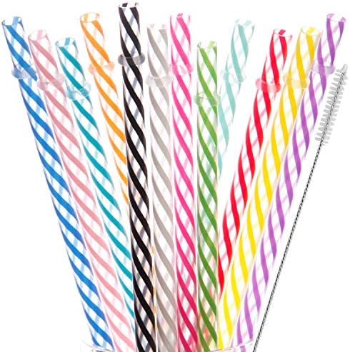 Dakoufish 12 Piece 6 Inch Reusable Plastic Thick Drinking Straws BPA Free Mason Jar Straws Transparent Small Stripe (6inch, Mix 12color)