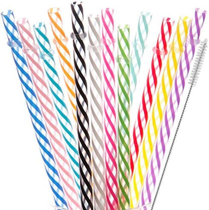 Dakoufish 12 Piece 7 Inch Reusable Plastic Thick Drinking Straws BPA Free Mason Jar Straws Transparent Small Stripe (7inch, Mix 12color)