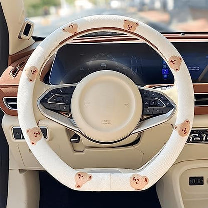 Wheel Cover Flax Microfiber Steering Wheel Covers for Women Fit 15 inch Car Cute Bow Tie Anti-Slip Breathable Absorbing Sweat Cover (Type-D-Bear)