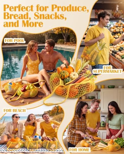 Eccliy 12Pcs Reusable Cotton Mesh Grocery Bag with Handle, Yellow, 10 in
