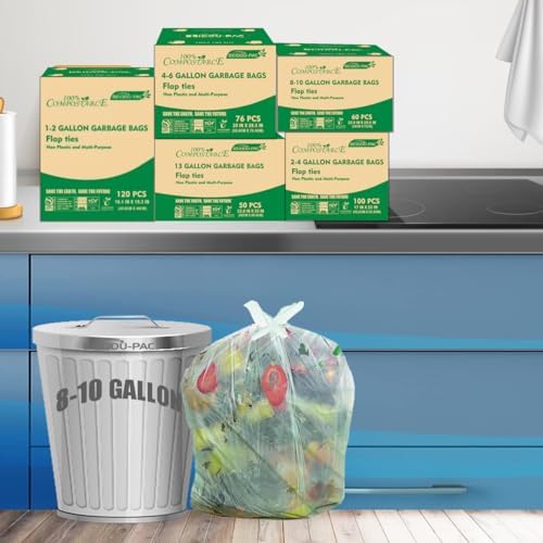 BEIDOU-PAC 8-10 Gallon Flap Tie Compostable Trash Bags, 240 Count, Compost Bags Kitchen Trash Bags, Sturdy Garbage Bags Food Scrap Waste Bags, ASTM D6400, US BPI Certified, Green