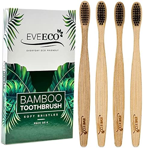 4 Count I Bamboo Toothbrush I Soft Bristles Best for Sensitive Gums I Charcoal I Vegan I Natural Wood I BPA Fee I Recyclable I Compostable I Biodegradable | Environmentally Friendly