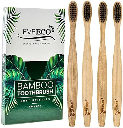 4 Count I Bamboo Toothbrush I Soft Bristles Best for Sensitive Gums I Charcoal I Vegan I Natural Wood I BPA Fee I Recyclable I Compostable I Biodegradable | Environmentally Friendly